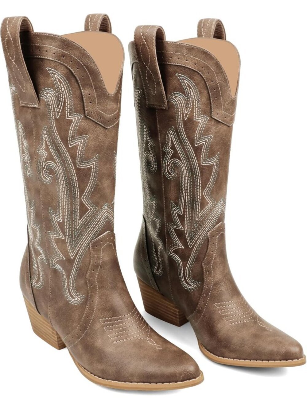 Women's Brown Mid-calf Cowboy Boots Pointy Toe Embroidered Western